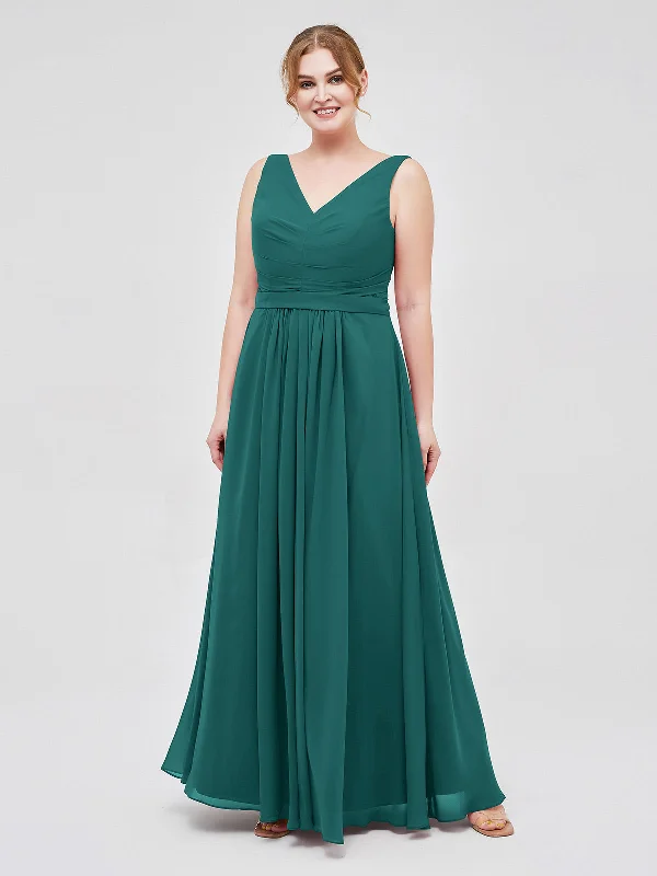 V-neck Chiffon Long Dress of Bridesmaids Peacock