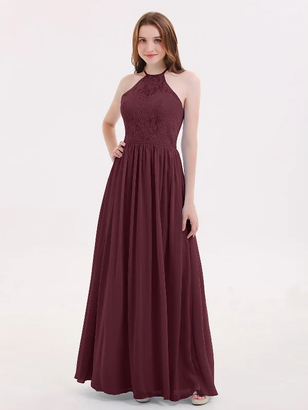 Chiffon Maxi Halter Dress with Lace Bodice-Cabernet