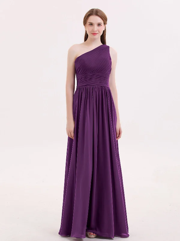 One Shoulder Chiffon Long Bridemaid Dresses-Grape