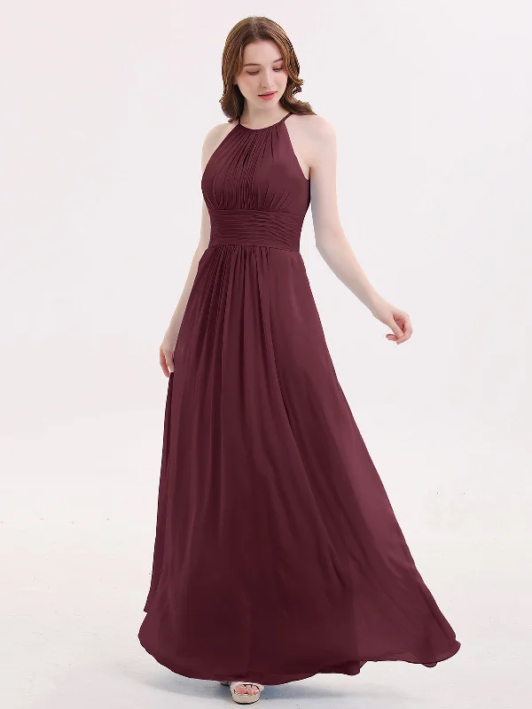 Halter Long Chiffon Dress with Pleated Waist-Cabernet