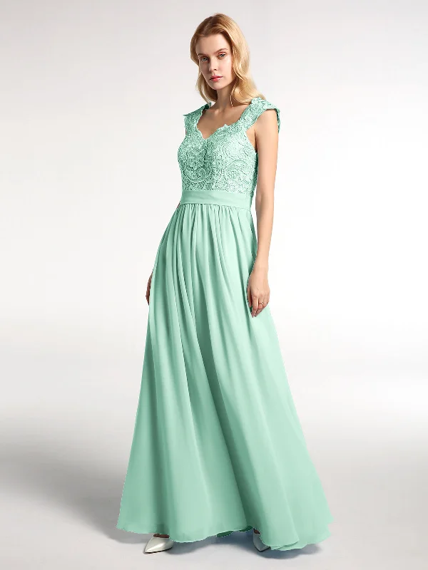 Long Chiffon Dress with Lace Appliqued Bodice-Mint Green