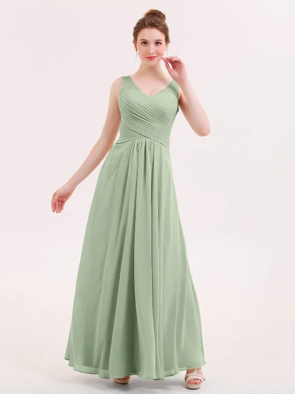 Long Bridesmaid Dresses with Pleated Bodice-Dusty Sage