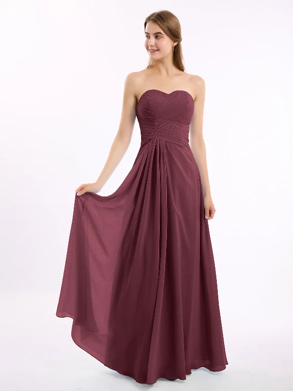 Sweetheart Neck Strapless Chiffon Dresses-Cabernet