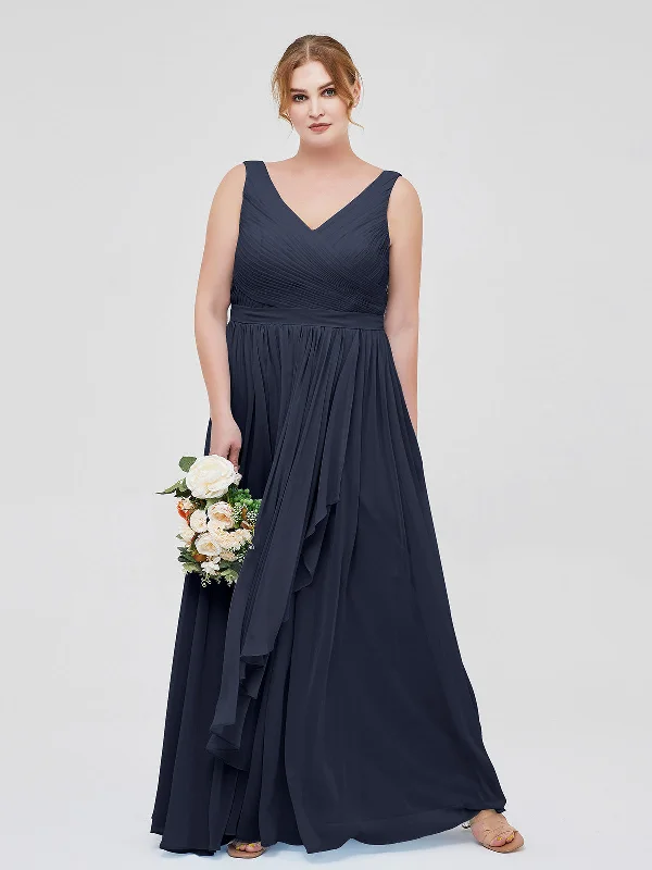 Chiffon V-neck Dress with Cascade Skirt Dark Navy