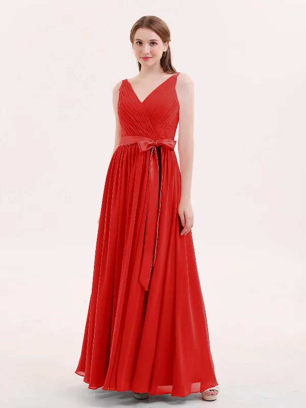 V Neck Chiffon Bridesmaid Dress with Satin Sash Bow-Red