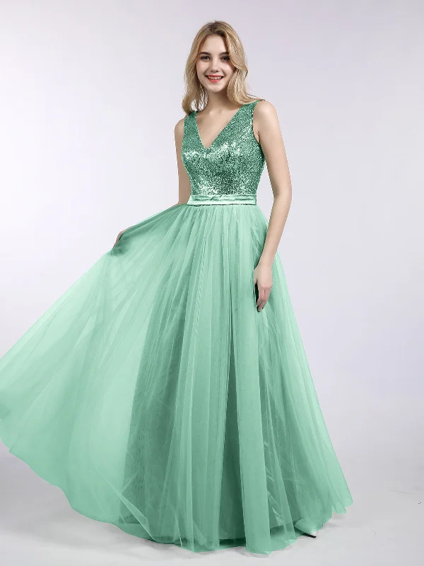 Sequins and Tulle Long Dress with V-neck-Mint Green