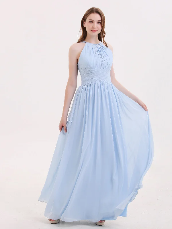 Double Strap Halter Long Chiffon Gowns-Sky Blue