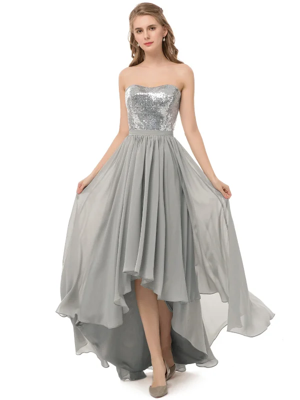 Strapless High Low Dress with Sequins Bodice-Silver