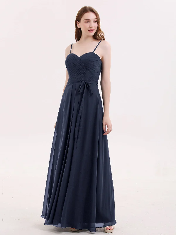 Spaghestti Strap Chiffon Dress with Sweetheart NECK-Dark Navy