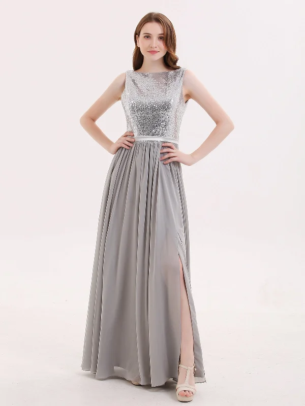 Sequins and Chiffon Dress with Slit-Silver