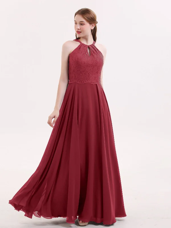 Lace and Chiffon Halter Dress with Open Back-Burgundy