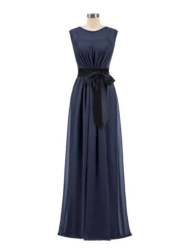 FAUX-Wrap Chiffon Dress with Black Waistband-Dark Navy