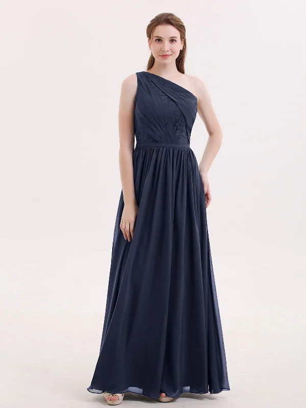 One Shoulder Chiffon and Lace Bridesmaid Dress-Dark Navy