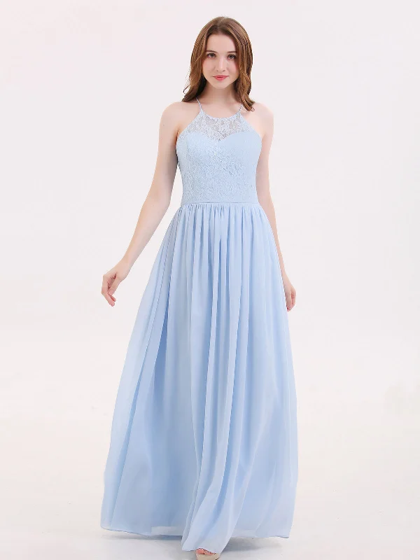 Illusion Neck Lace and Chiffon Maxi Gowns-Sky Blue