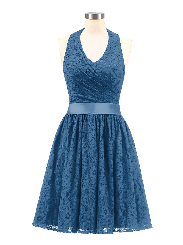 Halter V-neck Lace Dress with Satin Sash-Ink Blue