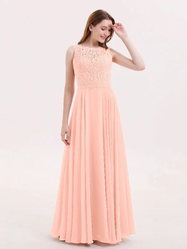 Lace Bodice Chiffon Skirt Long Dress-Coral