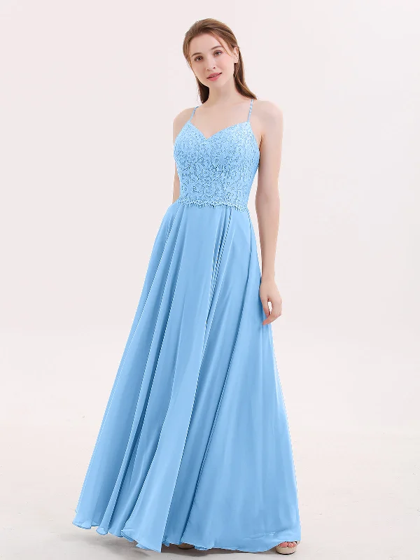 Spaghetti Strap Lace Dress with Corset Back-Blue