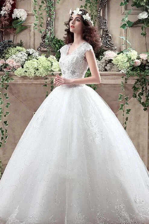 Ball Gown Cap Sleeve V Neck Open Back Lace Appliques Sequins Tulle Wedding Dresses N1231