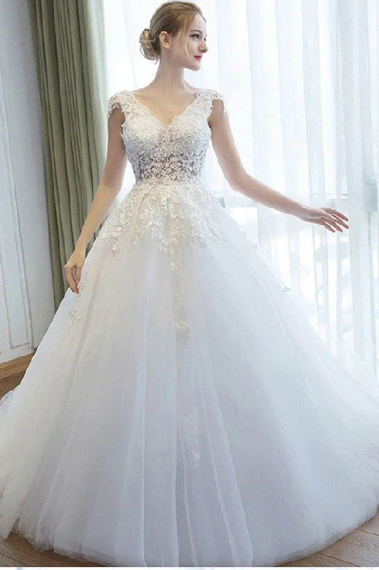 Ball Gown V-Neck Tulle Court Train Appliques Lace Backless Cap Sleeve Bridal Dresses N1265