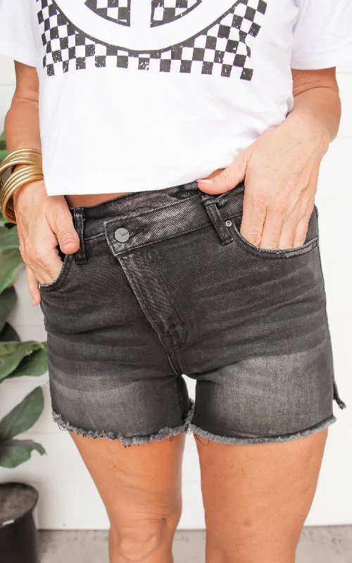 Black High Rise Cross Over Denim Shorts | MICA - Final Sale