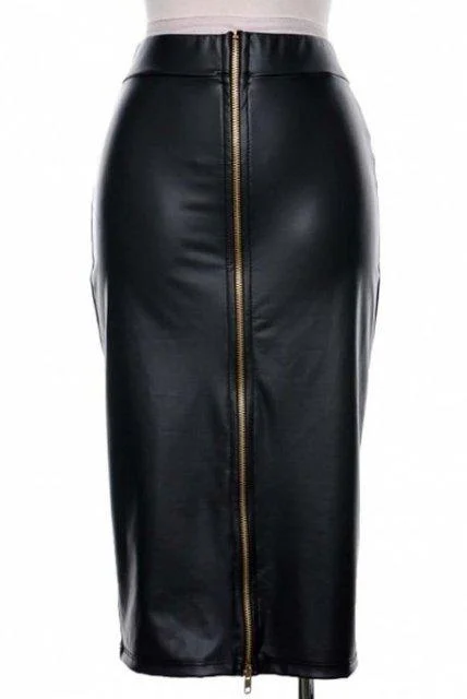 Black Leather High Waist Front Zipper Pencil Skirt Midi Skirts