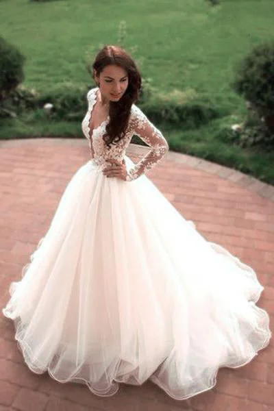 Boho Puffy Tulle Bridal Dresses with Lace Long Sleeves Sheer Neck Ivory Wedding Dresses N1269