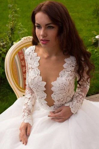 Boho Puffy Tulle Bridal Dresses with Lace Long Sleeves Sheer Neck Ivory Wedding Dresses N1269