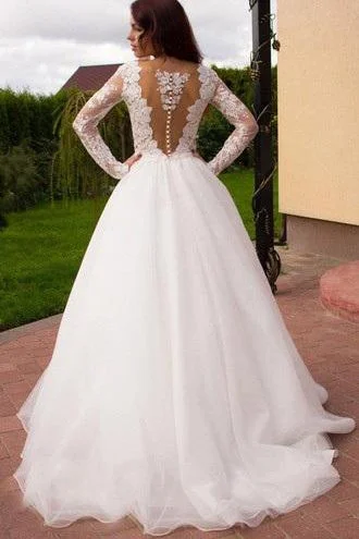 Boho Puffy Tulle Bridal Dresses with Lace Long Sleeves Sheer Neck Ivory Wedding Dresses N1269