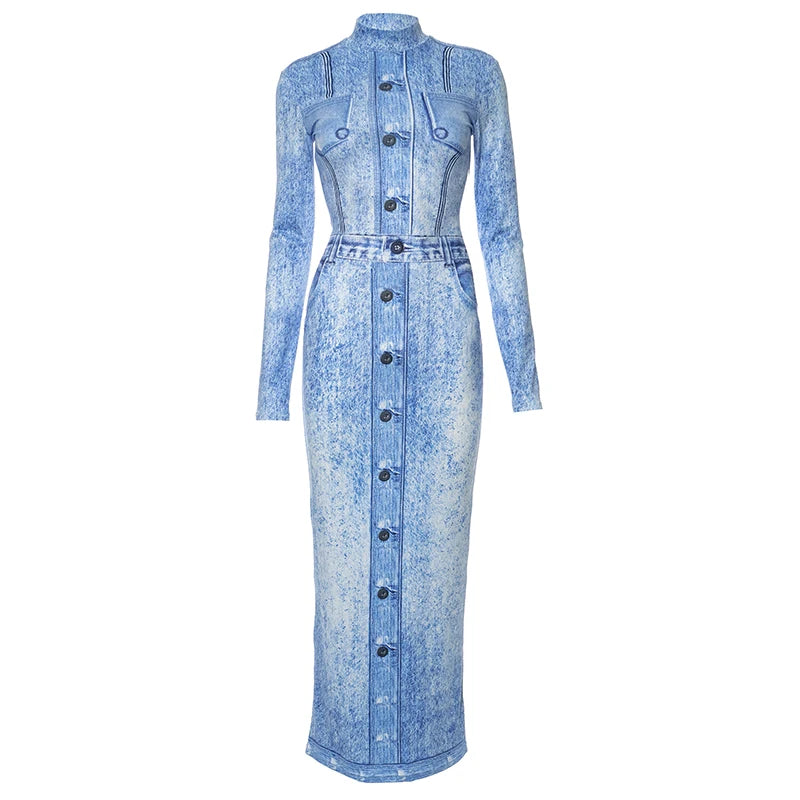 Bomblook D23DS250 2023 Stand Collar Winter Casual Party Outfits Jeans Printed Women Dresses 2023 Long Sleeve Maxi Dress