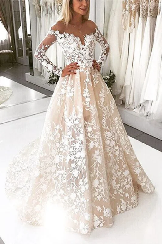 Off The Shoulder Champagne Long Sleeves Lace Appliques Wedding Dresses