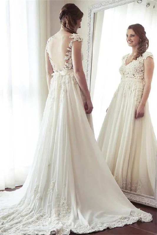 Charming Long Ivory Lace Chiffon V-neck Elegant Beach Wedding Dresses with Lace Applique N1160