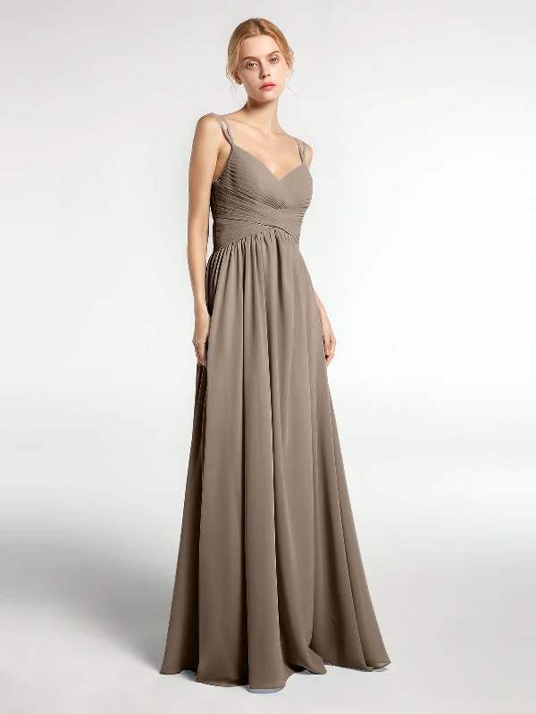 Chiffon Long Bridesmaid Dress with Double Strap Taupe