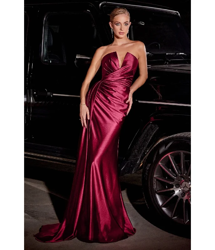 Cinderella Divine Burgundy Strapless Satin Bridesmaid Dress