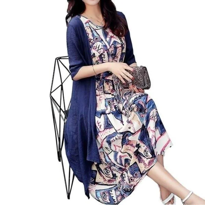 Cotton Line dress Print Round Neck Plus Size  Summer Casual Loose Two Piece Set Midi Dress