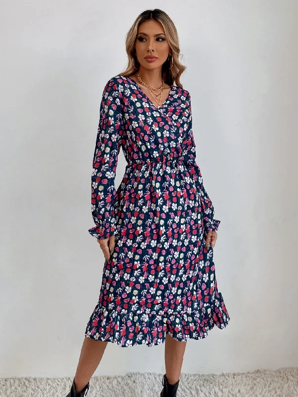 MegaBetty - Surplice Neck Disty Floral Elastic Waist Dress