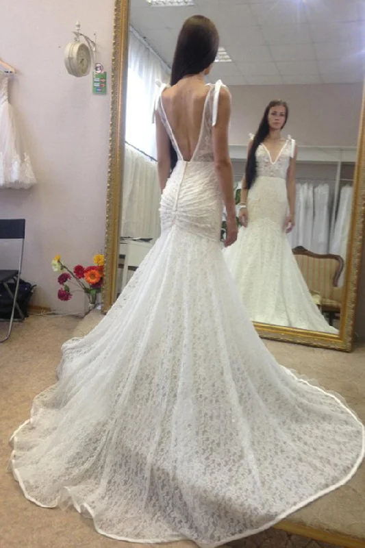 Deep V Neck Sleeveless Mermaid Lace Wedding Gown With Deep V Back Long Lace Bridal Dresses N1088