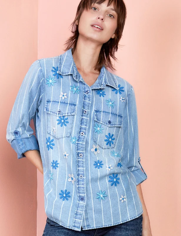 Denim Floral Embroidery Shirt