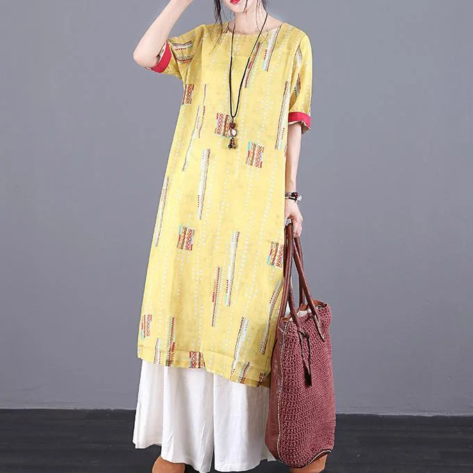 DIY o neck side open linen outfit Tutorials yellow print Dress summer