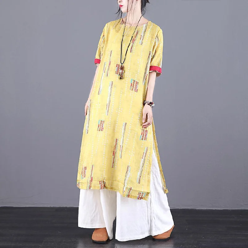 DIY o neck side open linen outfit Tutorials yellow print Dress summer