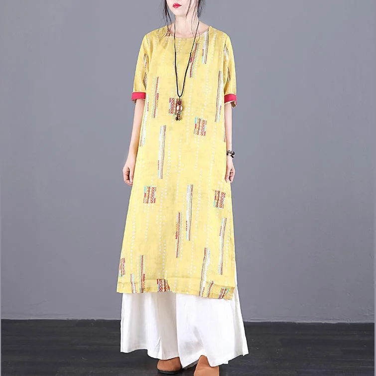 DIY o neck side open linen outfit Tutorials yellow print Dress summer