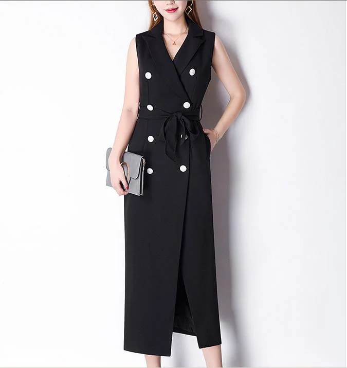 Double-Breasted Vest Sleeveless Slim Belted Dress