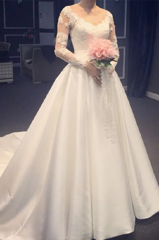 Elegant A Line V-Neck Appliques Long Sleeves Wedding Dresses With Chapel Train N1227