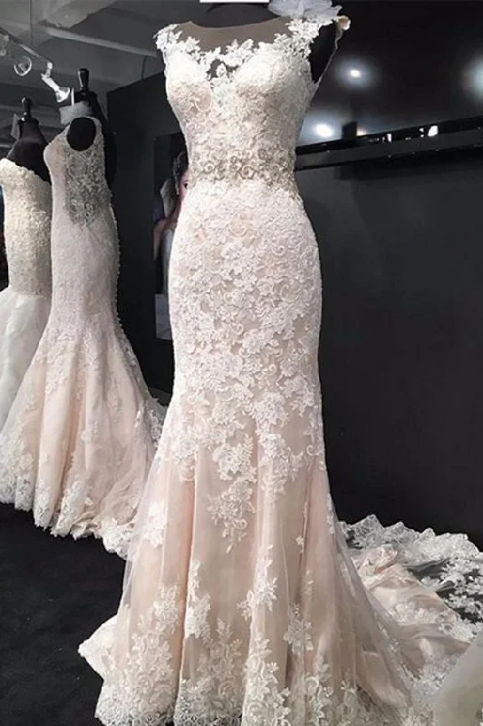 Elegant Sleeveless Mermaid Bridal Dresses Lace Wedding Dresses with Train N1195