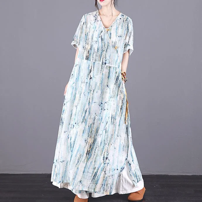 Elegant V Neck Tie Waist Pockets Linen Robes Cotton Print Dresses Summer