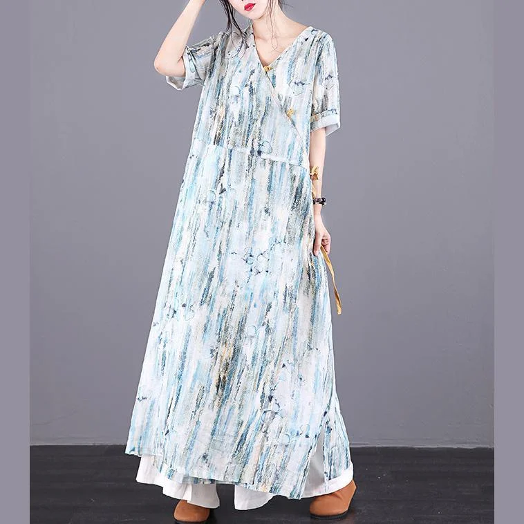 Elegant V Neck Tie Waist Pockets Linen Robes Cotton Print Dresses Summer