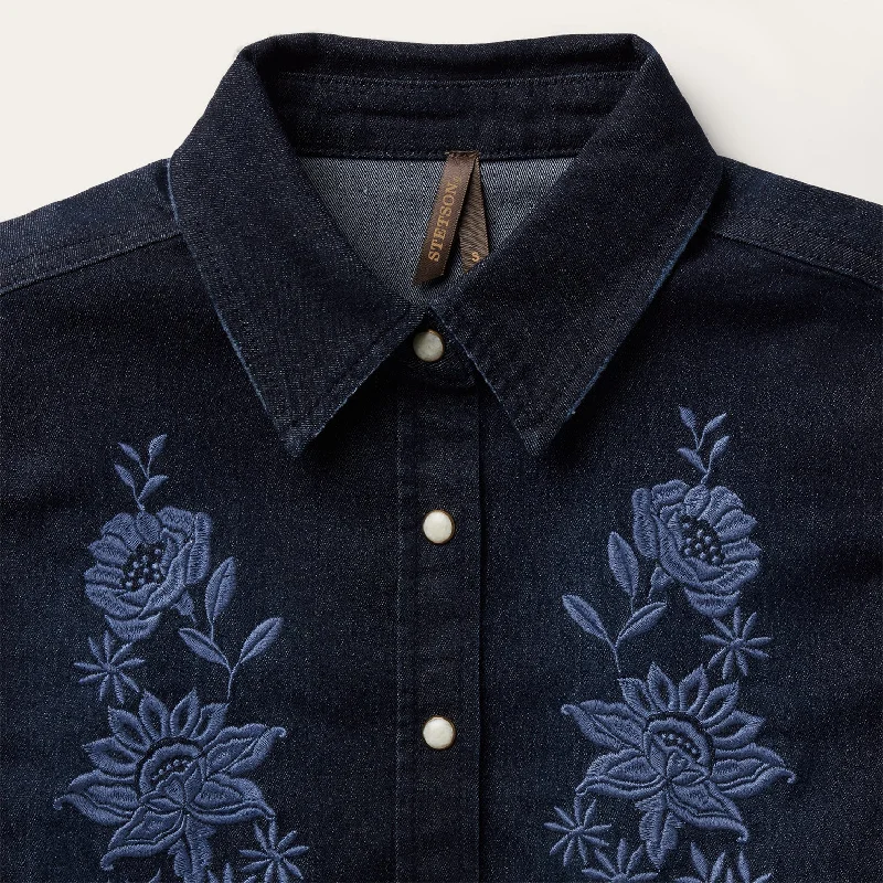 Embroidered Dark Denim Snap Front Shirt