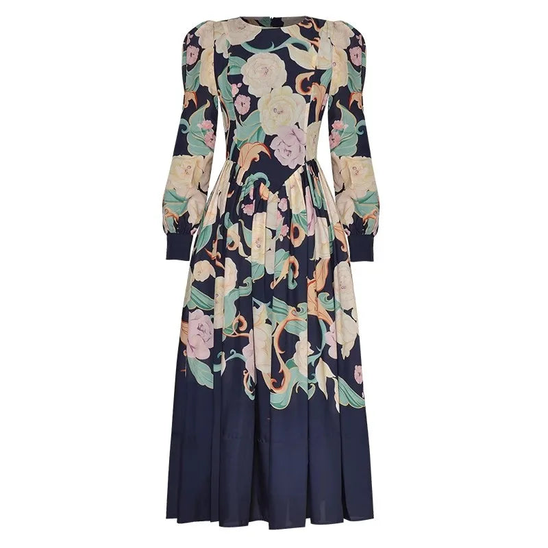 Floral O-Neck Lantern Sleeve Vintage Midi Dress