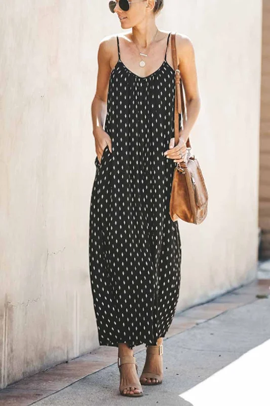 Florcoo Spotted Print Strap Sexy Maxi Dress