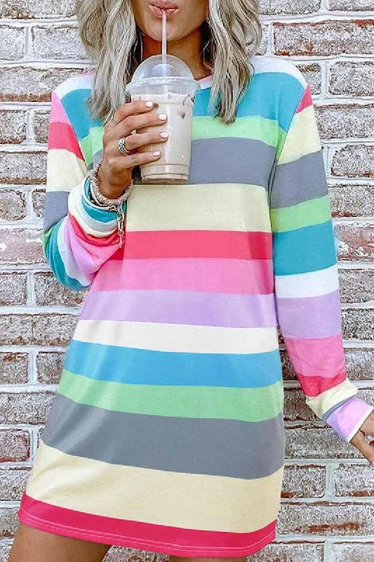 Florcoo Rainbow Long Sleeve Stripes Mini Dresses