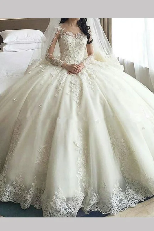 Gorgeous ivory Lace Appliques Long Sleeves Ball Gown Wedding Dresses